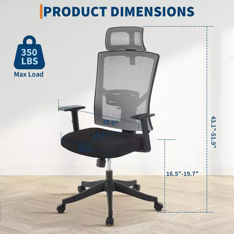 Ergonomiczne krzesło biurowe z wysokim oparciem, dynamiczne podparcie lędźwi, regulowany zagłówek, odchylane wysokie oparcie, maksymalne obciążenie 350 lbs, do domu i biura