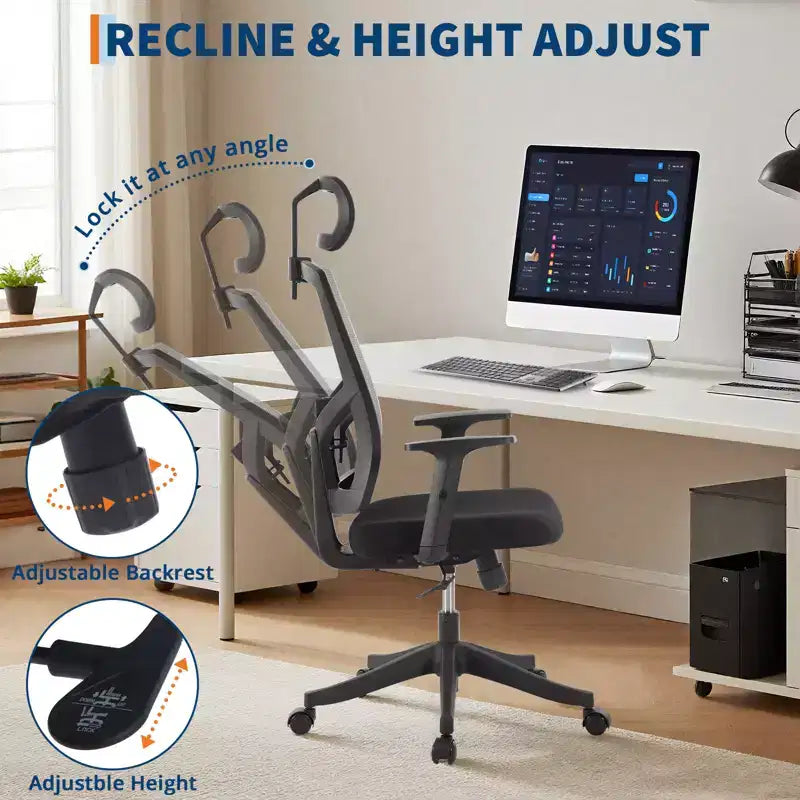Ergonomiczne krzesło biurowe z wysokim oparciem, dynamiczne podparcie lędźwi, regulowany zagłówek, odchylane wysokie oparcie, maksymalne obciążenie 350 lbs, do domu i biura