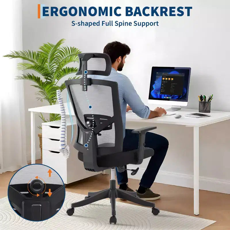 Ergonomiczne krzesło biurowe z wysokim oparciem, dynamiczne podparcie lędźwi, regulowany zagłówek, odchylane wysokie oparcie, maksymalne obciążenie 350 lbs, do domu i biura