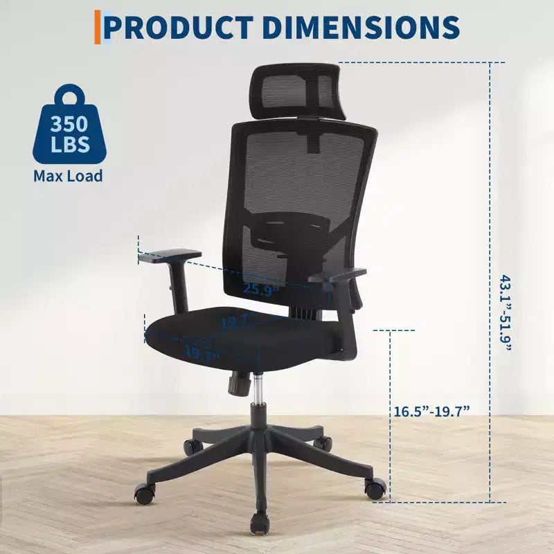 Ergonomiczne krzesło biurowe z wysokim oparciem, dynamiczne podparcie lędźwi, regulowany zagłówek, odchylane wysokie oparcie, maksymalne obciążenie 350 lbs, do domu i biura