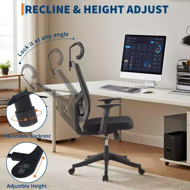Ergonomiczne krzesło biurowe z wysokim oparciem, dynamiczne podparcie lędźwi, regulowany zagłówek, odchylane wysokie oparcie, maksymalne obciążenie 350 lbs, do domu i biura
