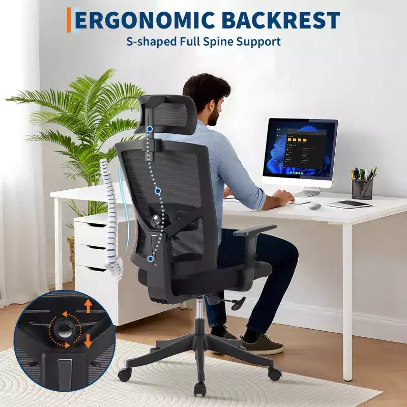 Ergonomiczne krzesło biurowe z wysokim oparciem, dynamiczne podparcie lędźwi, regulowany zagłówek, odchylane wysokie oparcie, maksymalne obciążenie 350 lbs, do domu i biura