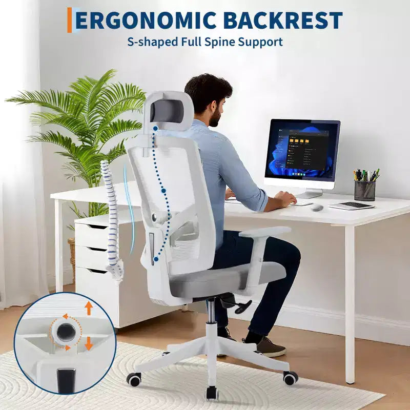 Ergonomic High Back Mesh Office Chair, Reversible-style-Up Arms, Adjustable Headrest &amp; Lumbar Support, with Wheels, for Home Office