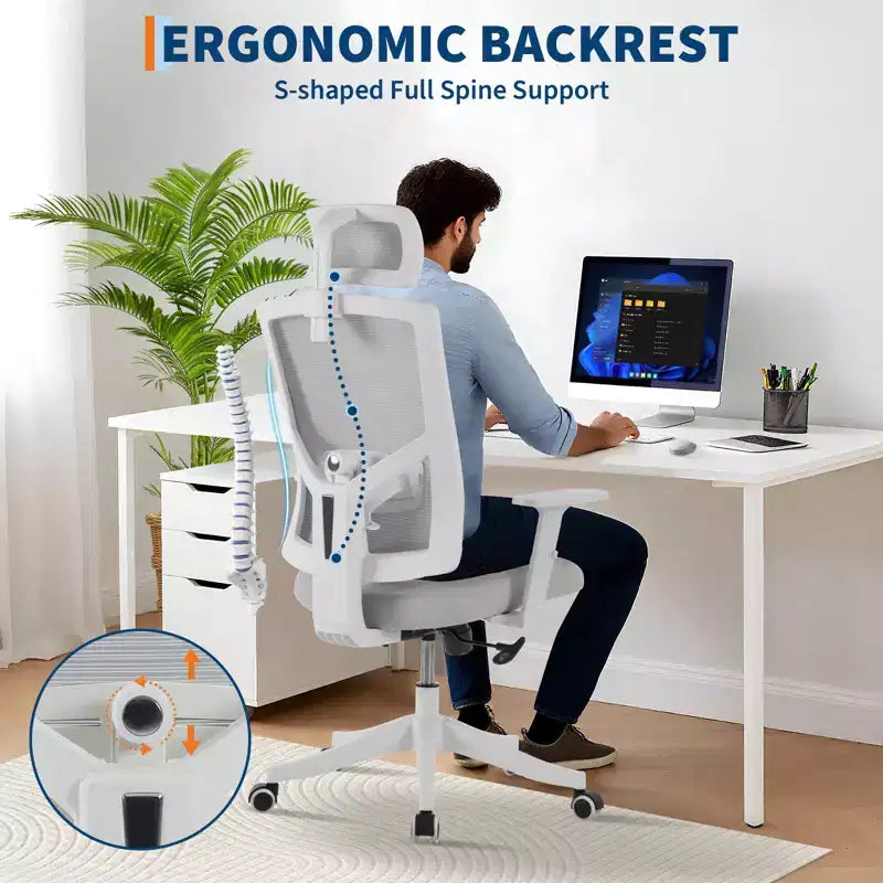 Ergonomic High Back Mesh Office Chair, Reversible-style-Up Arms, Adjustable Headrest &amp; Lumbar Support, with Wheels, for Home Office