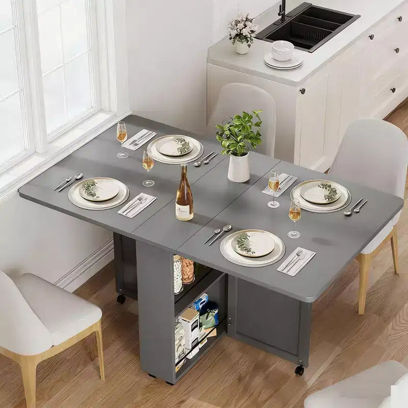 Tavolo da pranzo pieghevole largo 51 pollici con ripiani contenitori, tavolo da cucina con piano ribaltabile su ruote, allungabile e salvaspazio per ambienti piccoli