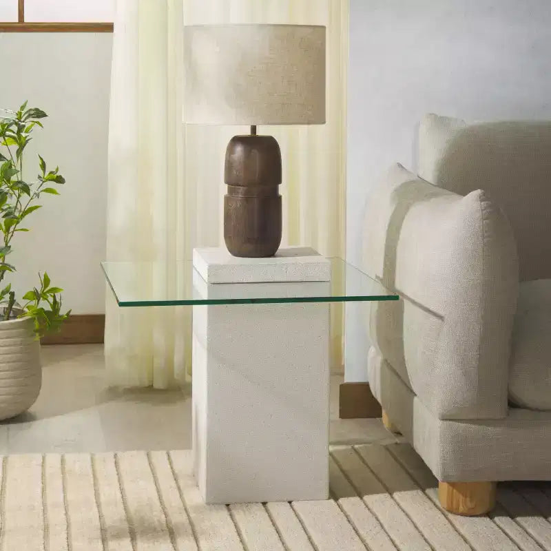 Tavolino decorativo in cemento e vetro - per interni/esterni - Avorio/trasparente