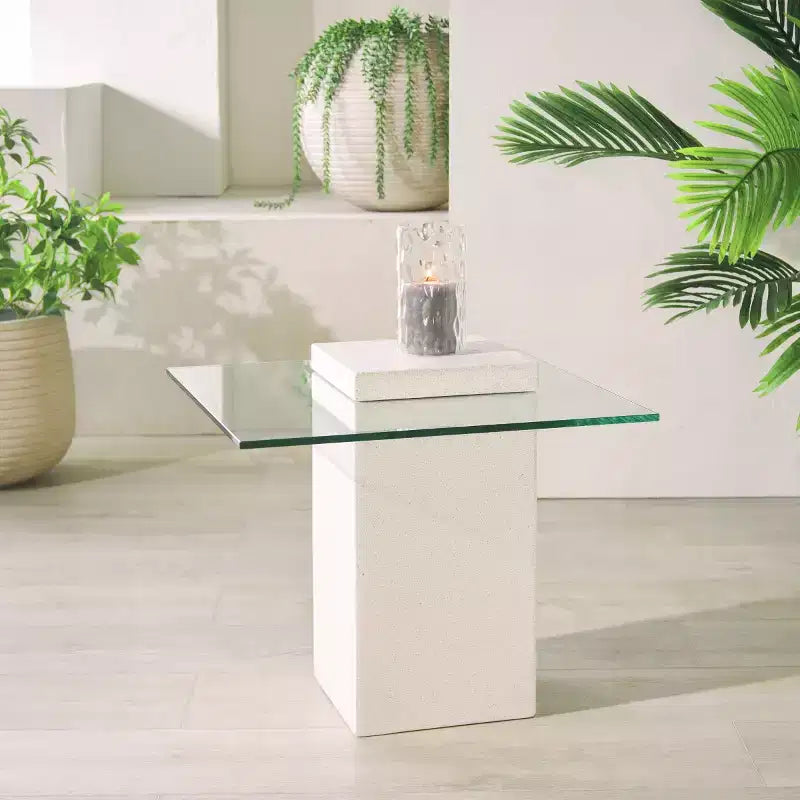 Tavolino decorativo in cemento e vetro - per interni/esterni - Avorio/trasparente