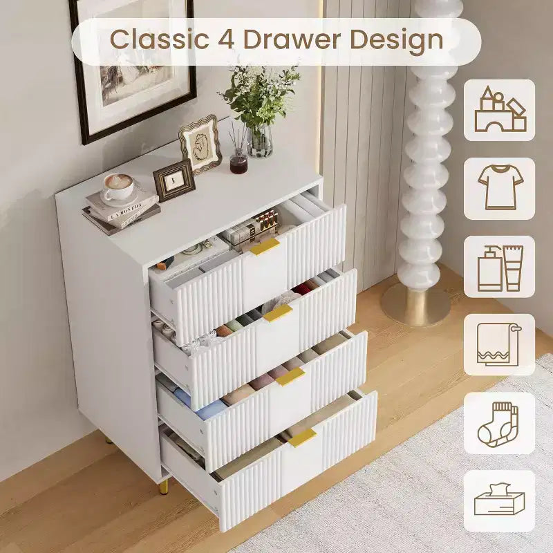 4 Drawer Storage Chest of Drawers with Vintage Metal Handles, Deep Chest of Drawers for Bedroom, Living Room, Hallway &amp; Entrance