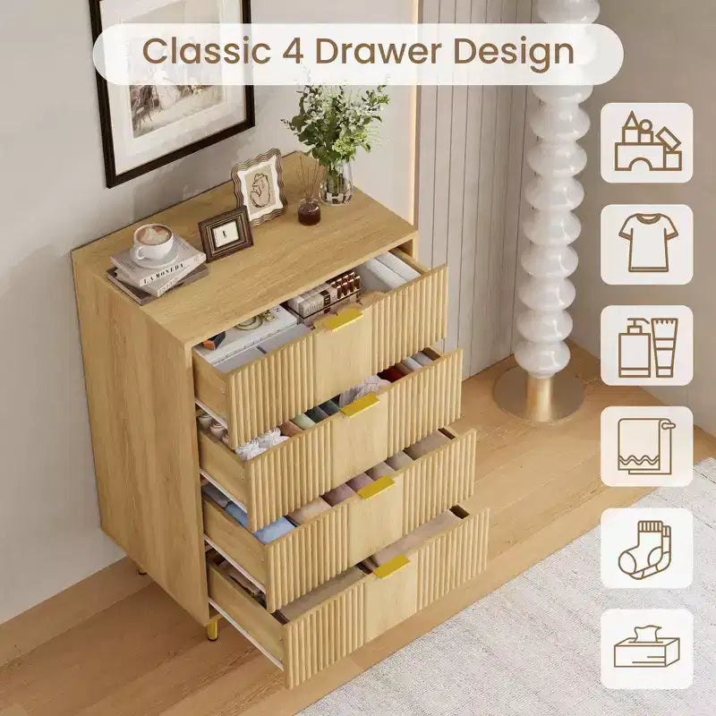 4 Drawer Storage Chest of Drawers with Vintage Metal Handles, Deep Chest of Drawers for Bedroom, Living Room, Hallway &amp; Entrance