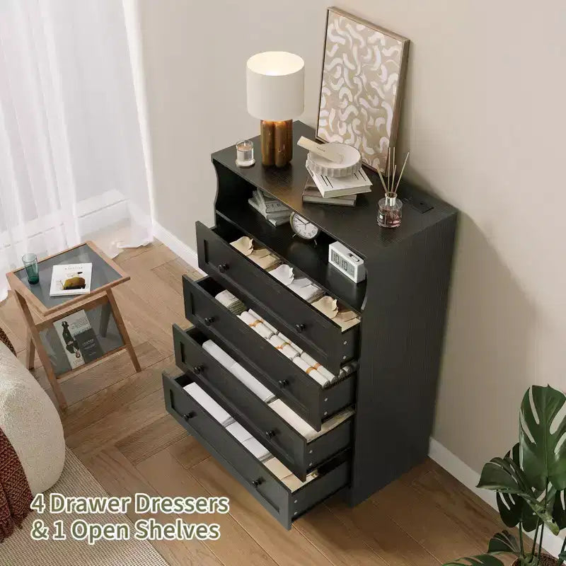 4 Drawer Wooden Dressers, Modern Nightstand for Bedside