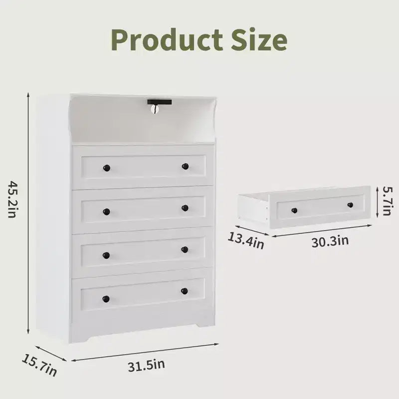 4 Drawer Wooden Dressers, Modern Nightstand for Bedside