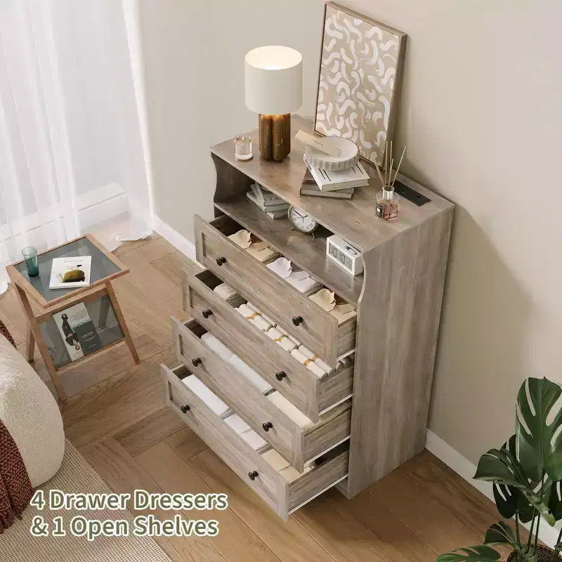 4 Drawer Wooden Dressers, Modern Nightstand for Bedside