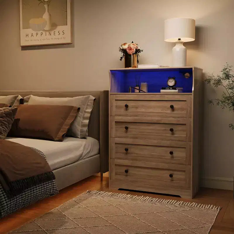 4 Drawer Wooden Dressers, Modern Nightstand for Bedside