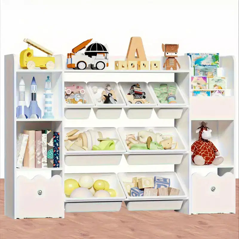 Libreria 4 in 1 per bambini con contenitori e cassetti con ruote - Organizer Montessori per giocattoli, per sala giochi e cameretta