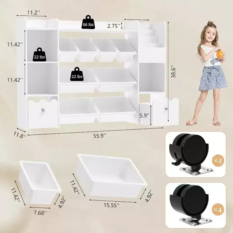 Libreria 4 in 1 per bambini con contenitori e cassetti con ruote - Organizer Montessori per giocattoli, per sala giochi e cameretta