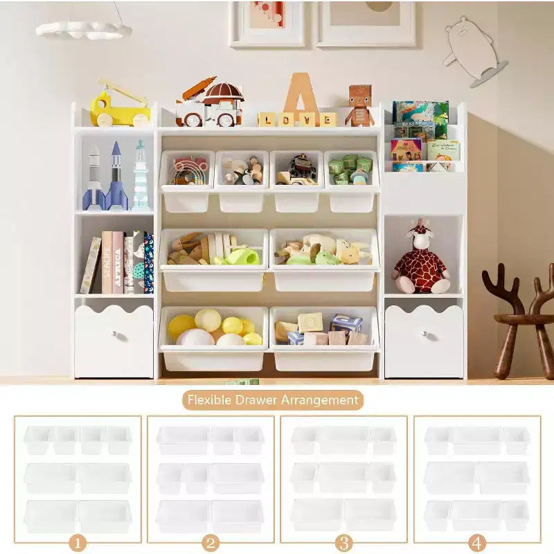 4-in-1 Kids Bookcase with Storage Bins &amp; Rolling Drawers - Montessori Toy Organizer for Playroom &amp; Bedroom