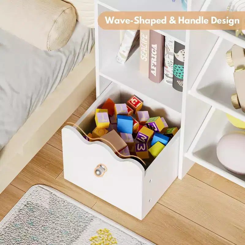 Libreria 4 in 1 per bambini con contenitori e cassetti con ruote - Organizer Montessori per giocattoli, per sala giochi e cameretta