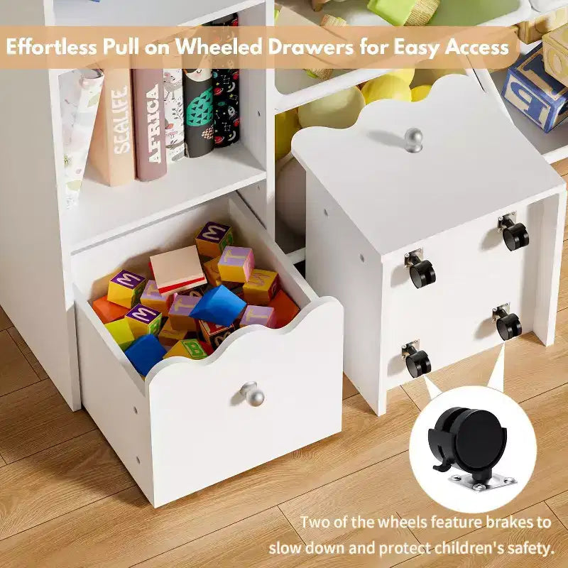 4-in-1 Kids Bookcase with Storage Bins &amp; Rolling Drawers - Montessori Toy Organizer for Playroom &amp; Bedroom