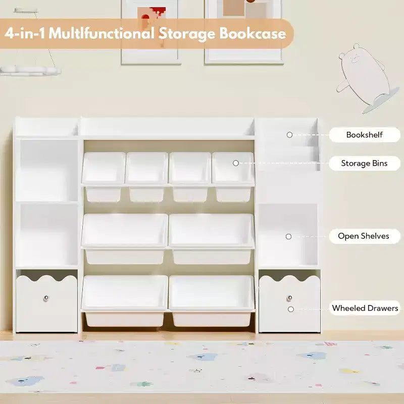 4-in-1 Kids Bookcase with Storage Bins &amp; Rolling Drawers - Montessori Toy Organizer for Playroom &amp; Bedroom