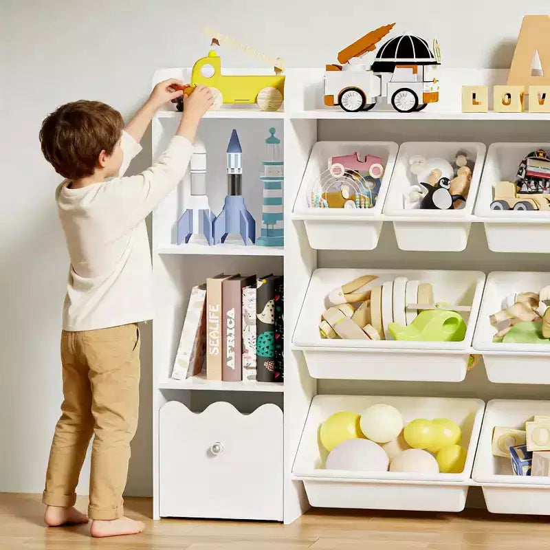 4-in-1 Kids Bookcase with Storage Bins &amp; Rolling Drawers - Montessori Toy Organizer for Playroom &amp; Bedroom
