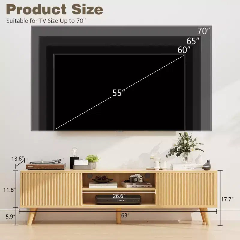 Mobile TV in legno con scanalature ondulate, per televisori fino a 70 pollici